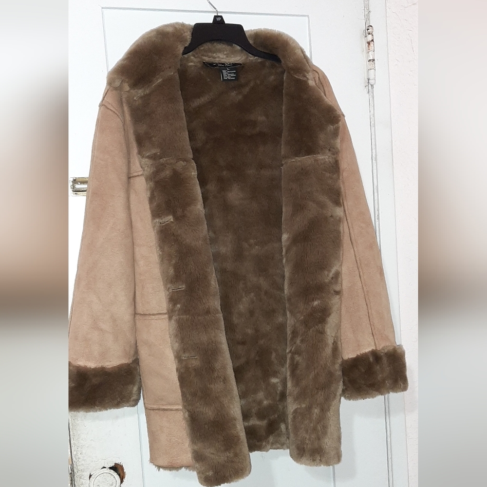 Fuda New York Coat  Jacket Womens Sz L  Tan Beige Acrylic Suede - Picture 5 of 6